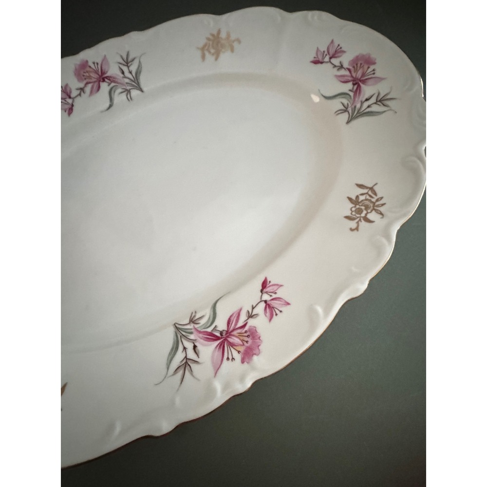 Fine Bohemian China Czechoslovakia Floral Oval Serving Platter Pink gld Trim 14" - Picture 6 of 6